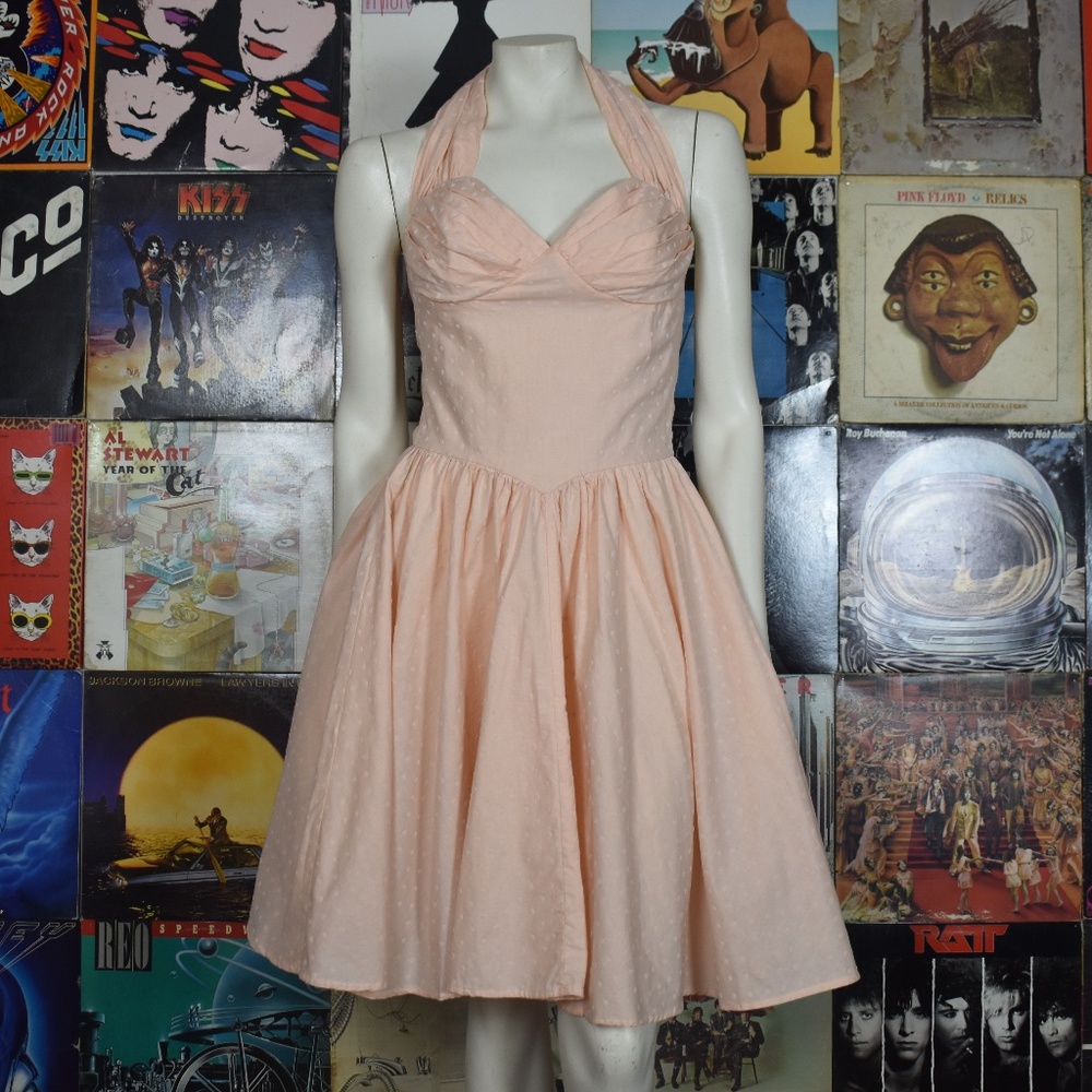 SOLD Vintage 60s Polka Dot Halter Pinup Midi Dress - Picture 1 of 8